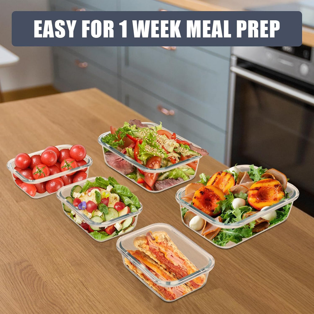 Skiennix 6 Pack Glass Food Storage Containers - Airtight Meal Prep Containers for Lunch & Leftovers, BPA Free (Grey)
