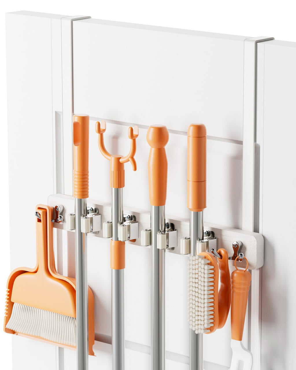 Vosturdy Mop and Broom Holder Wall Mount, No Drill Over the Door Broom and Mop Holder with 4 Slots and 4 Hooks, Wood Tool Hanger for Laundry, Cabinet, Kitchen, Garage