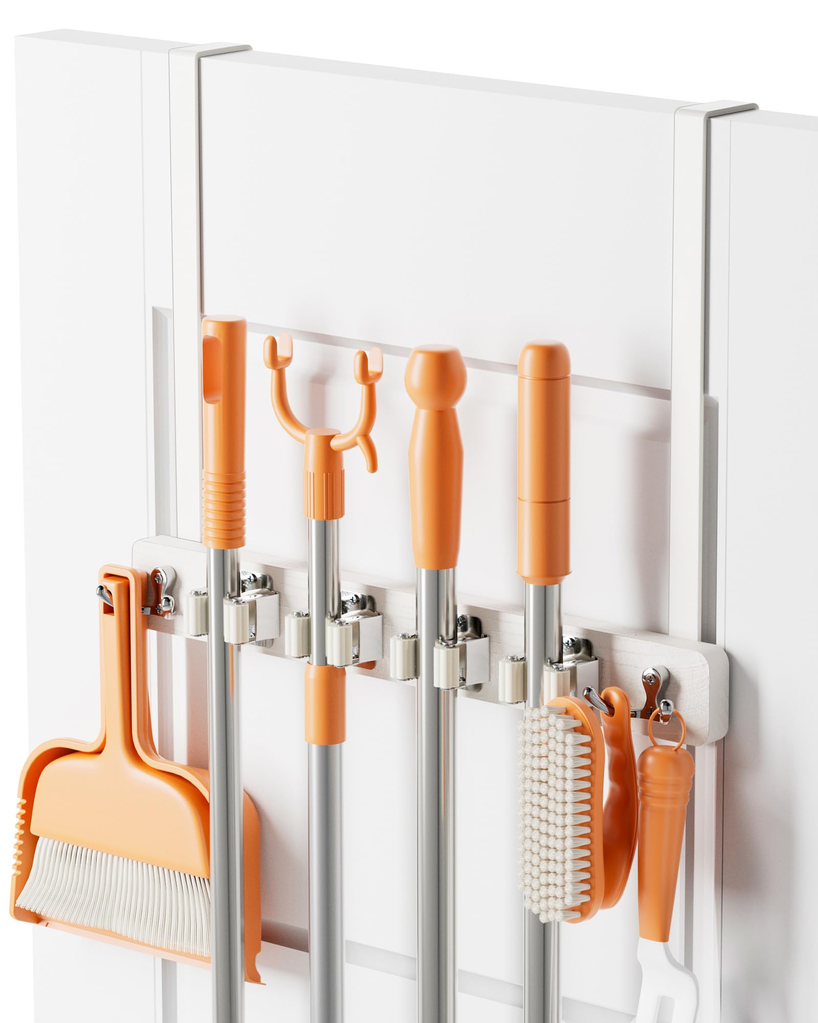 Vosturdy Mop and Broom Holder Wall Mount, No Drill Over the Door Broom and Mop Holder with 4 Slots and 4 Hooks, Wood Tool Hanger for Laundry, Cabinet, Kitchen, Garage