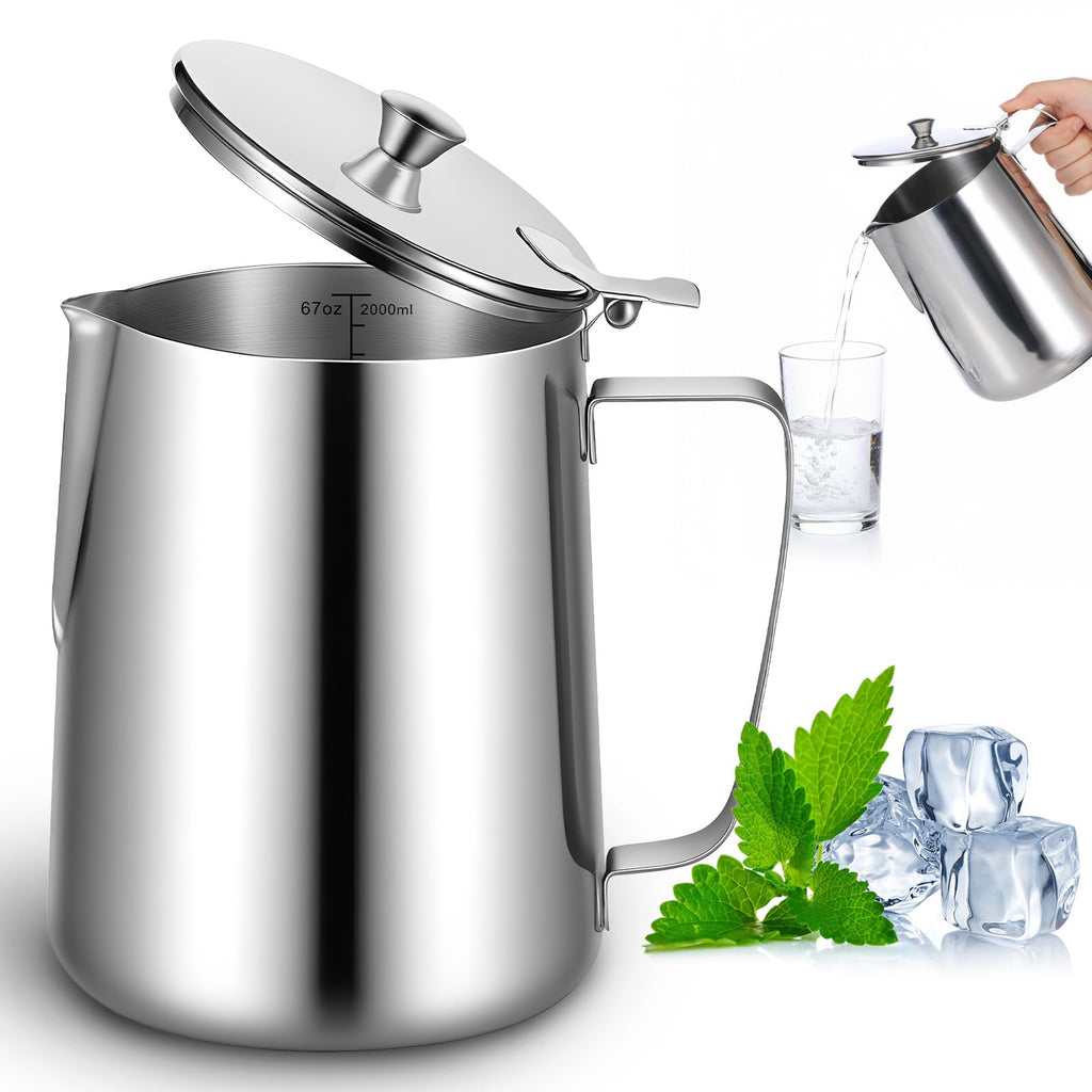 67 oz 304 Stainless Steel Pitcher with Lid, 2 L Large Mouth Graduated Beakers, Large Metal Measuring Cup with Handle, Milk Frothing Jug for Latte Art, Espresso Machines, Iced Tea