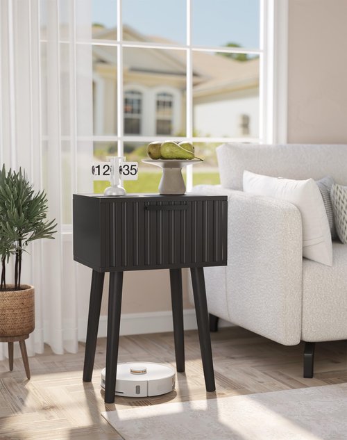 YMYNY Fluted Nightstand Set of 2, Small End Table, Modern Coffee Table with Drawer, Solid Wood Legs, Retaining Chain, 13.8" x 10.6" x 20.9", for Bedroom and Small Spaces, Black UHST014B-2