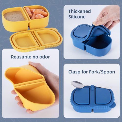 MACTANO 2 Pack Reusable Silicone Snack Containers with Lids, 8.5 oz Double Compartment Condiment Meal Prep Control Containers Portable Small Leakproof for Office Travel Picnic