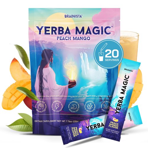 Yerba Magic Yerba Mate Powder Packets - Instant Clean Energy & Focus Drink Mix for Gut Health - Nootropic Blend with Lion’s Mane, L-Theanine, Prebiotics & Probiotics - Low Sugar Natural Caffeine - Peach Mango, 20 Sticks