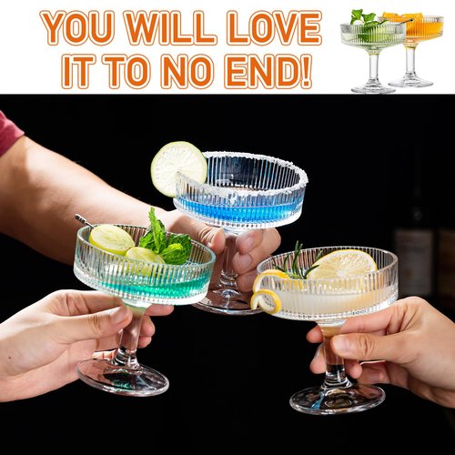 wookgreat 12 Pcs Martini Glasses, 6.7oz Crystal Champagne Tower, Art Deco Ribbed Coupe Glasses, Stem Cocktail Glassware Set, Margarita Cups, Heavy Base Bar Glassware for Martini, Gimlet, Manhattan