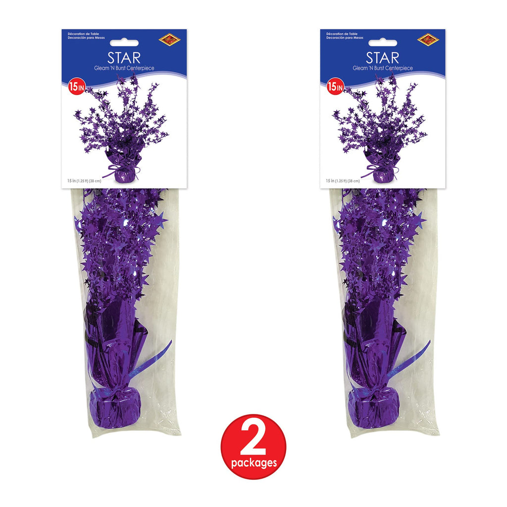 Beistle Star Gleam ‘N Burst Centerpiece, 2-Piece Purple Metallic Table Display for Birthday Parties, Celebrations, Mardi Gras, and Sports Team Decorations, 15”