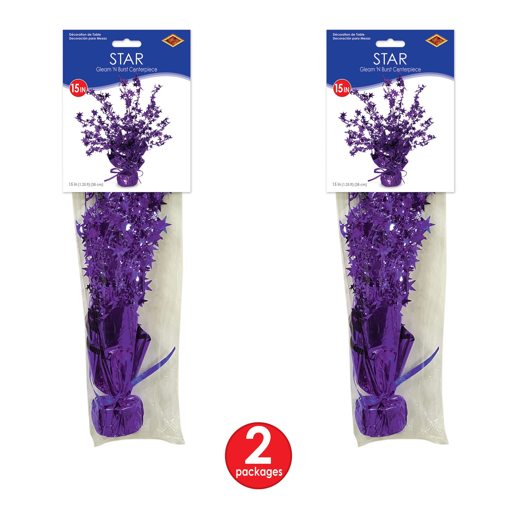 Beistle Star Gleam ‘N Burst Centerpiece, 2-Piece Purple Metallic Table Display for Birthday Parties, Celebrations, Mardi Gras, and Sports Team Decorations, 15”