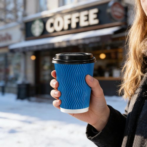 Lamosi 8 oz 100 Pack Disposable Coffee Cups with Lids, Insulated Paper Coffee Cups with Lids, Corrugated Ripple Wall To Go Coffee Cup with Lid for Hot Beverages (Blue)