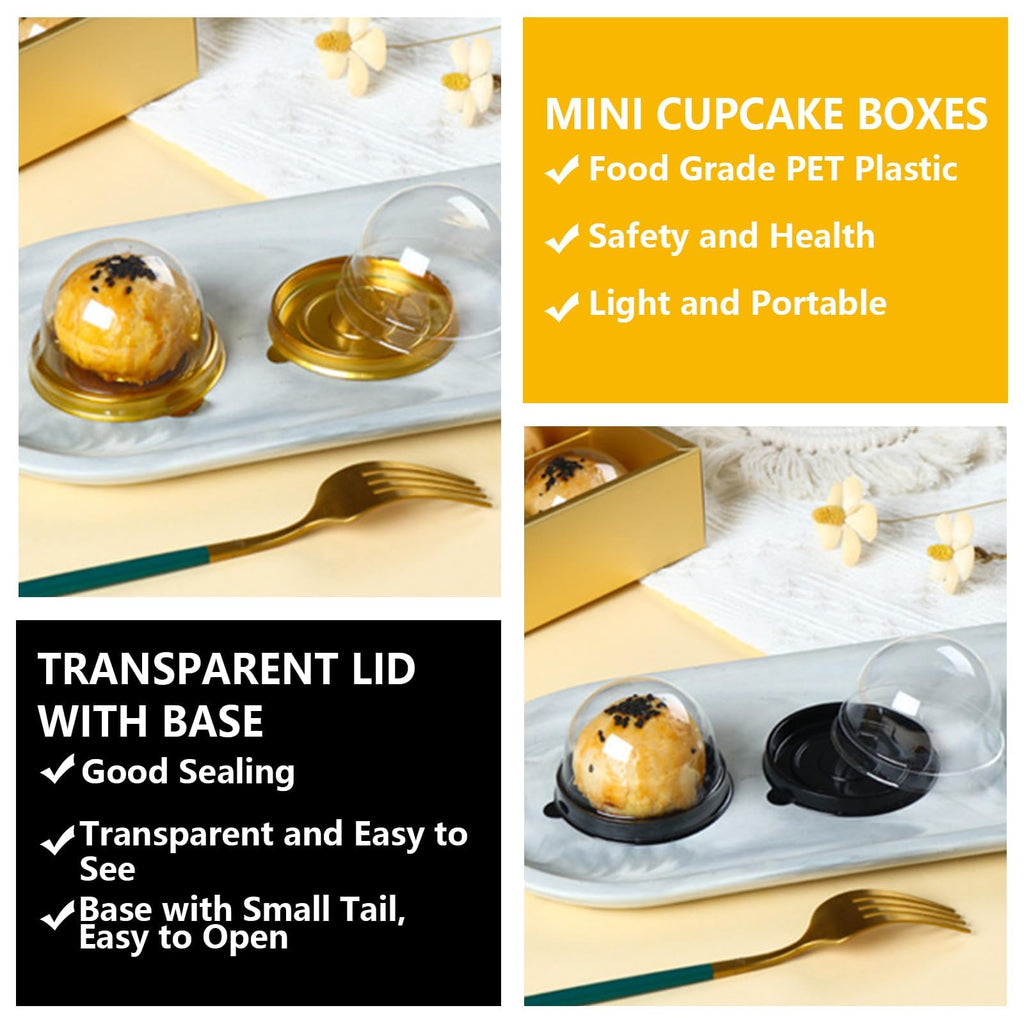 WOPPLXY 200 Pcs Mini Cake Containers, Clear Plastic Cupcakes Containers Muffin Mooncake Holder, Mini Cupcake Boxes with Dome Lid for Cheese Pastry Dessert Mooncake (100 Gold,100 Black)
