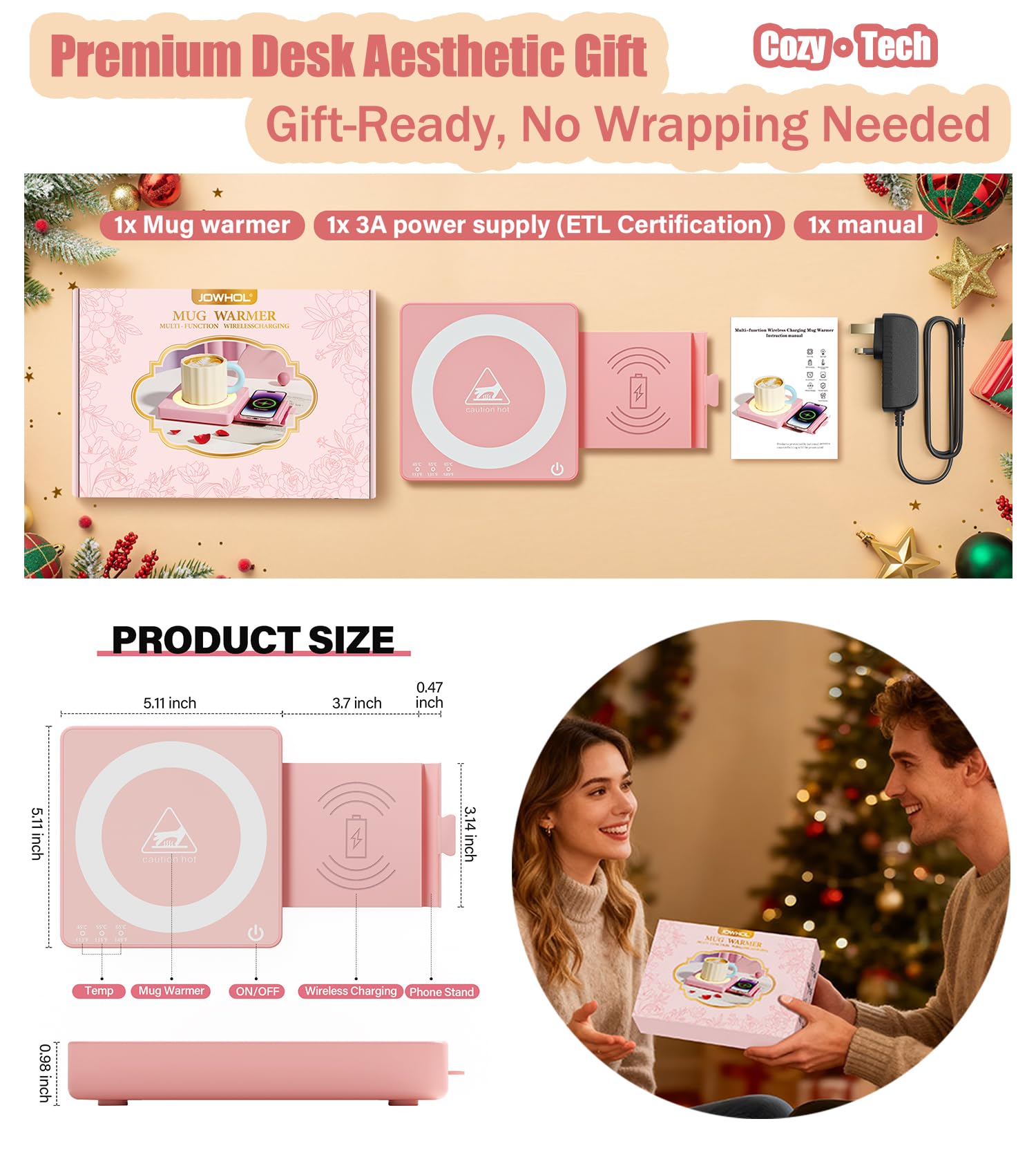 Mug Warmer with 15W Wireless Charger, Aesthetic Desktop Accessory with Night Light & Phone Stand, Ideal Office Tech Gift for Women, Girlfriend, Boss, Her, 3 Temp Coffee Warmer for Desk - Rose Pink
