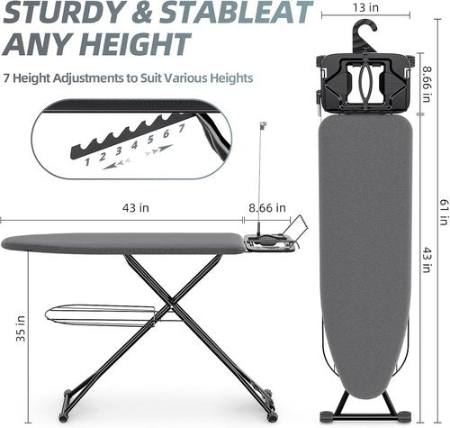 KINGBOARD Ironing Board - Full-Size Compact Design with Extra Thick Cover & 7 Adjustable Heights | 13x43 Black