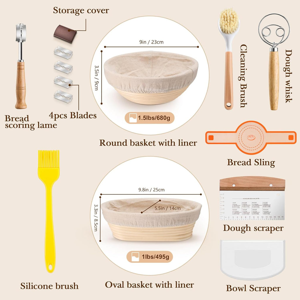 TeamFar Sourdough Bread Baking Kit - 9” Round & 10” Oval Proofing Baskets, Cloth Liner & Accessories