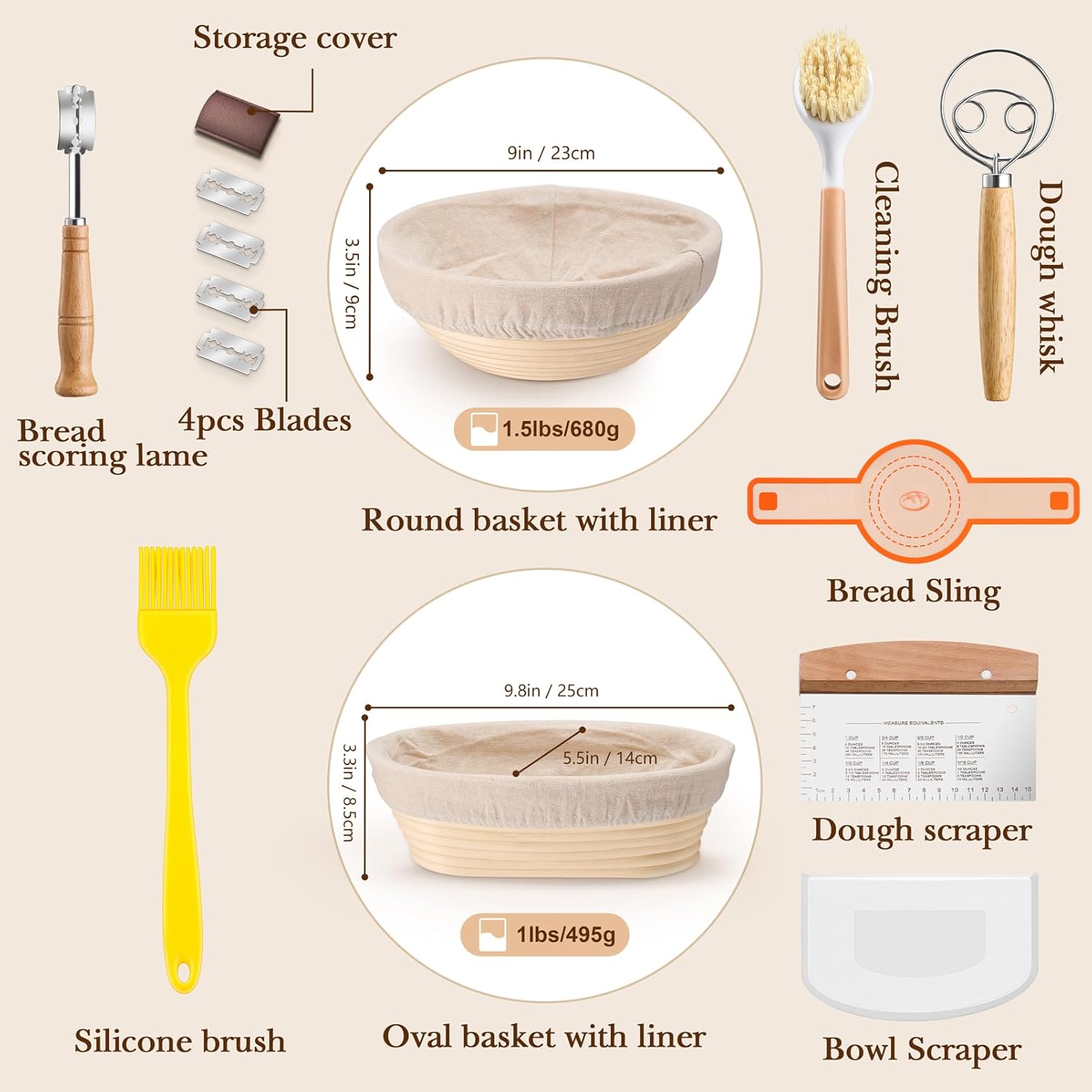 TeamFar Sourdough Bread Baking Kit - 9” Round & 10” Oval Proofing Baskets, Cloth Liner & Accessories