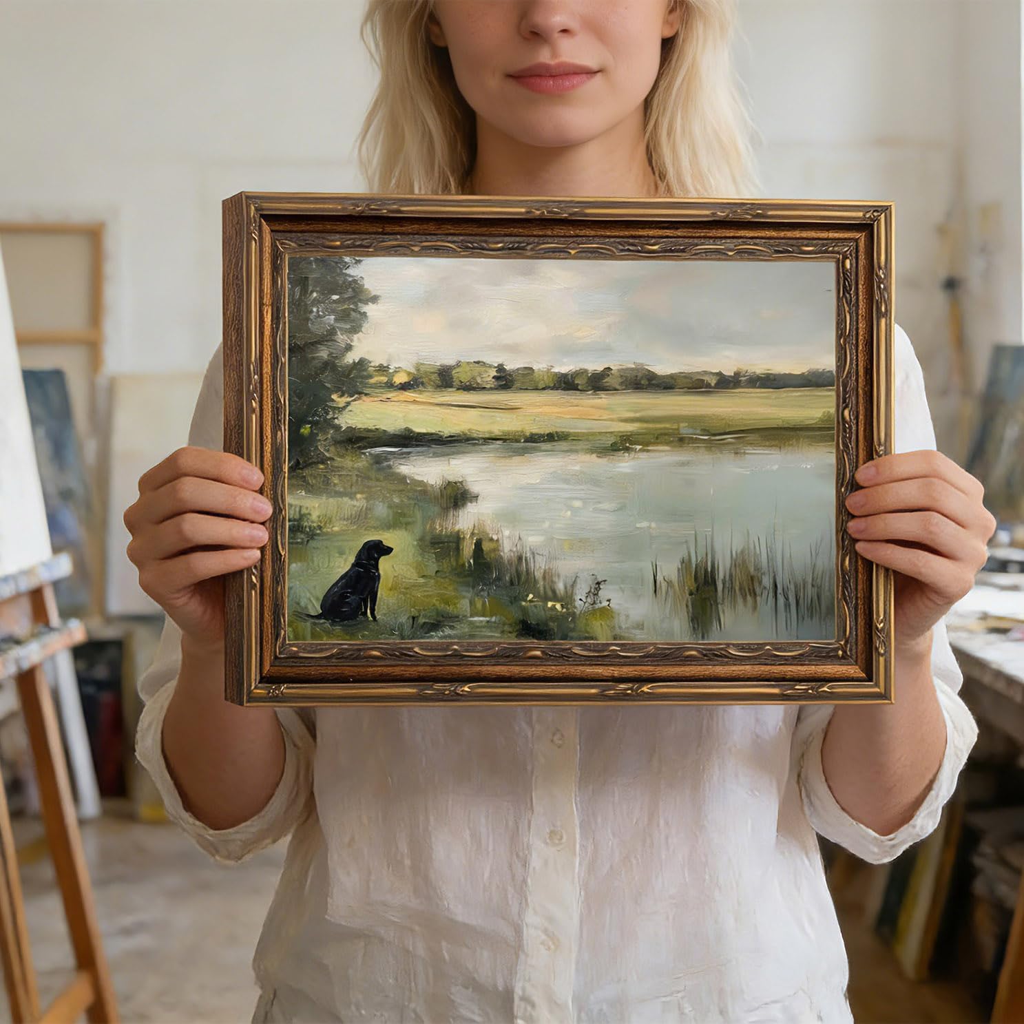 RVETNGVM Vintage Black Labrador Wall Art - Rustic Dog & Pond Landscape Decor | 9"x11" Framed Print for Living Room, Bedroom, or Office