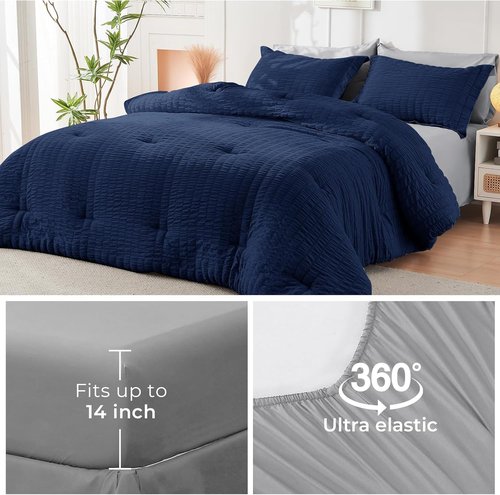 HYMOKEGE California King Comforter Set - Luxury 7-Piece Seersucker Bedding in Navy Blue & Light Grey