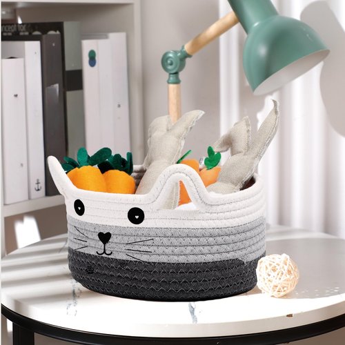 Zopeal Cat Basket Storage Woven Organizer with Ears Christmas Decorative Pet Toy Cute Cotton Rope Basket for Gift Cat Dog Toy Bin Nursery Room(8.3 x 4.7 Inch,White, Light Gray and Gray)