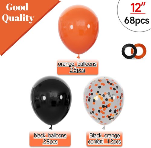 68Pcs Black and Orange Balloons - 12 Inch Latex Set with Confetti Ribbons for Halloween & Graduation Decor