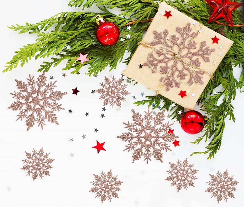 Regine Switzerland 36-Piece Christmas Rose Gold Snowflake Ornaments - Glittery Winter Tree Decor