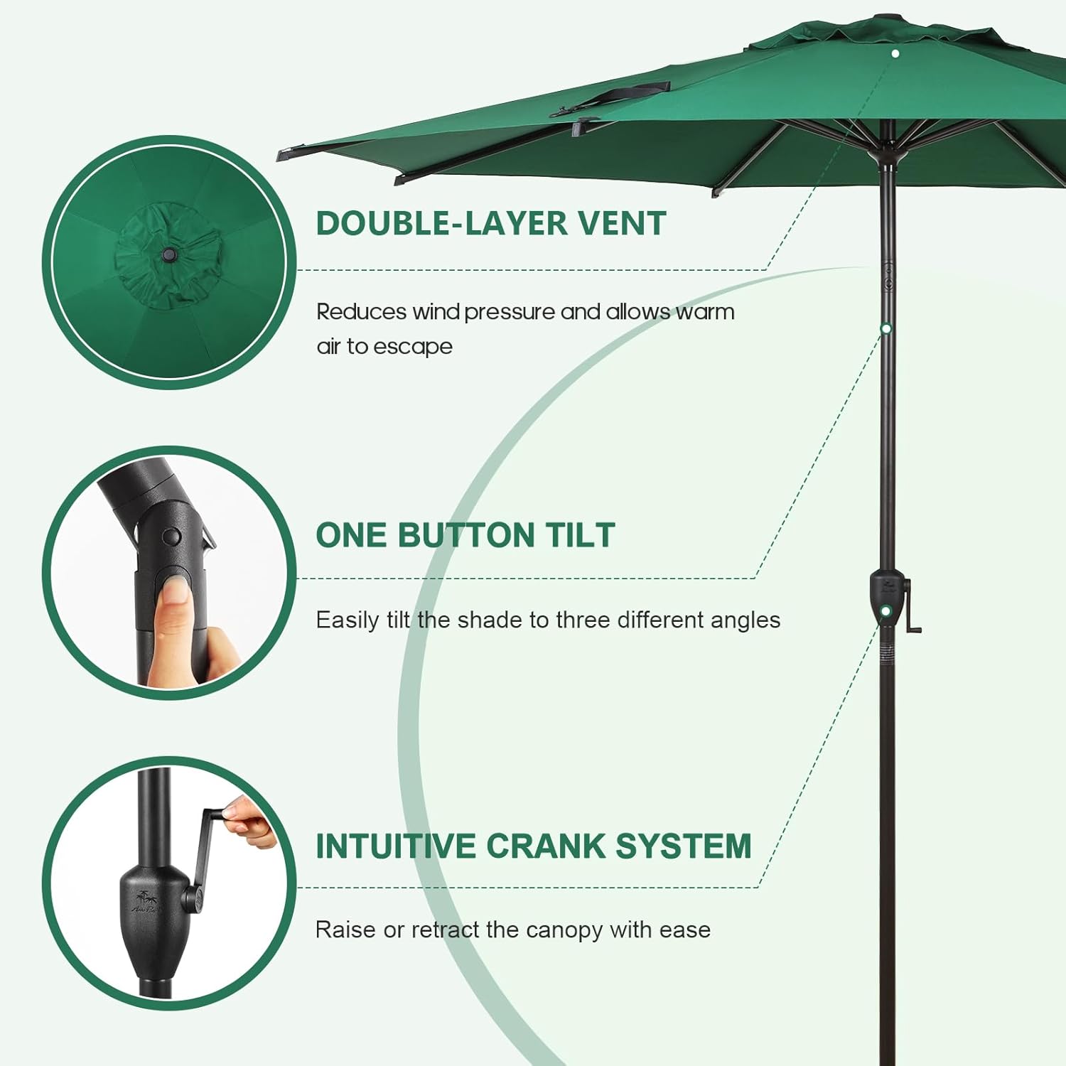 Abba Patio 9FT Lyon Outdoor Patio Umbrella - UV Protection, Waterproof, Push Button Tilt - Dark Green
