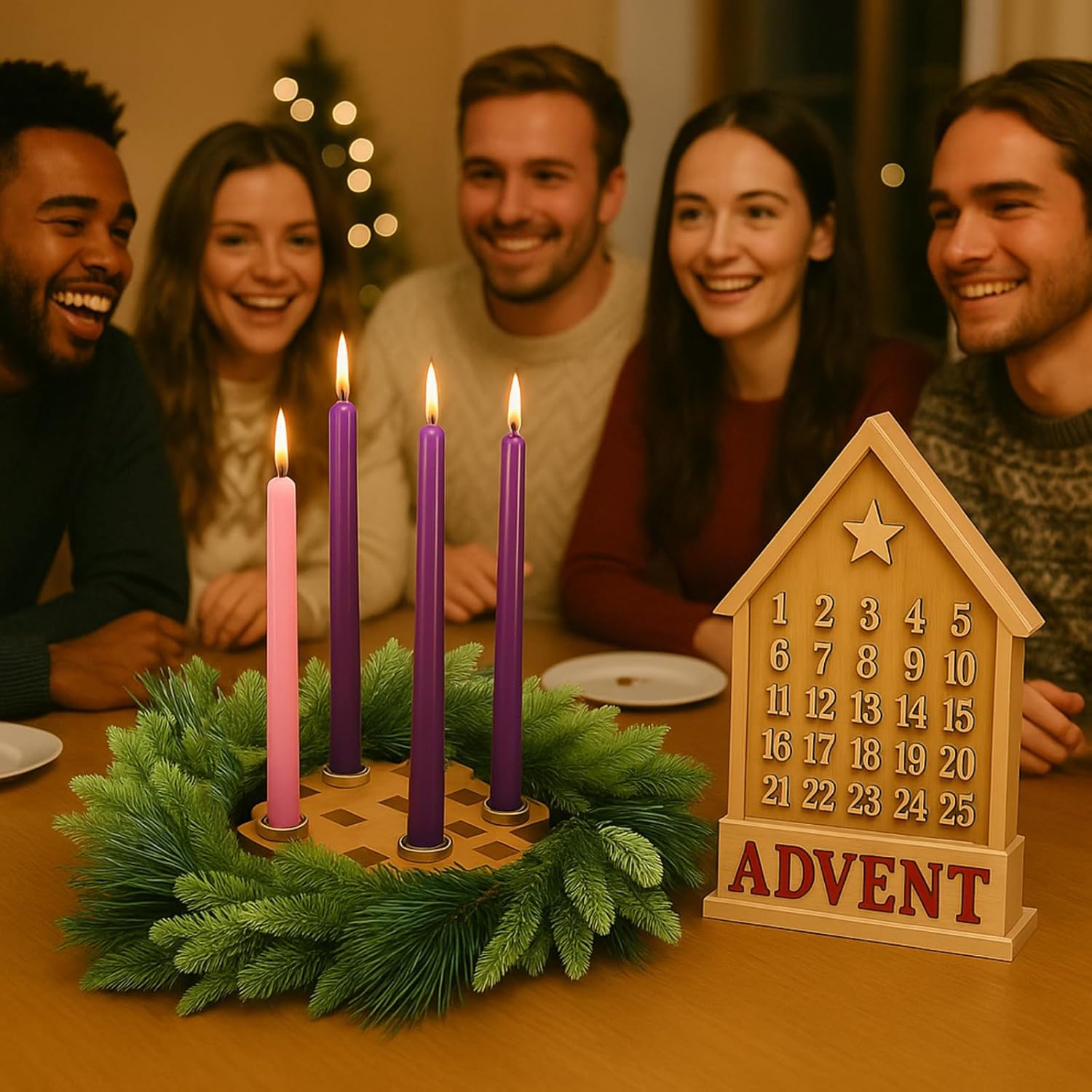 Mumufy Advent Candle Holder Set - 5 Pcs Snowflake Wooden Holders with Purple & Pink Taper Candles
