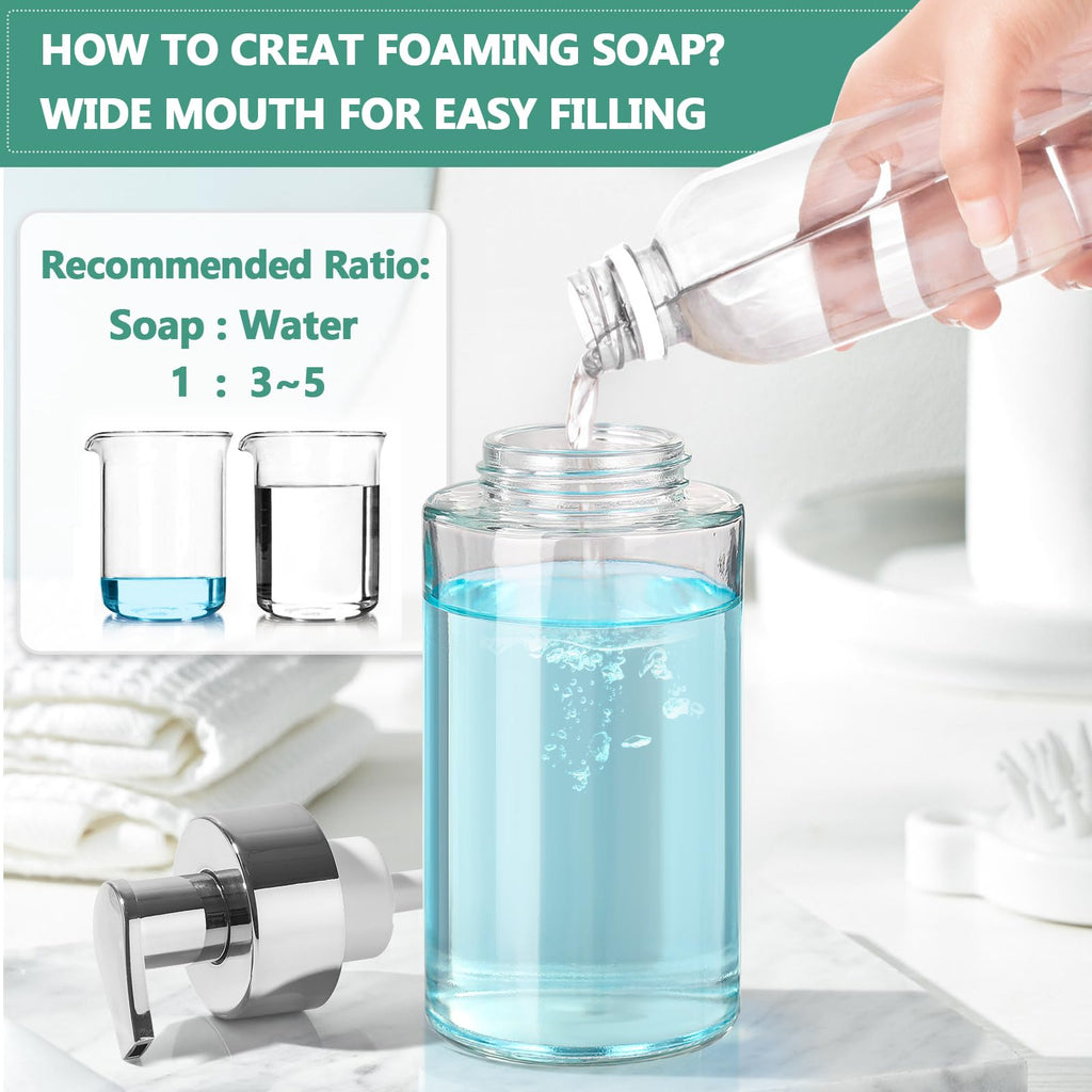 RYTOXILO Glass Soap Dispenser, 10 oz/300ml Foaming Soap Dispenser, 2 Pack Foaming Hand Dispenser for Bathroom & Kitchen, Clear Refillable Foam Soap Bottle with Silver Pump