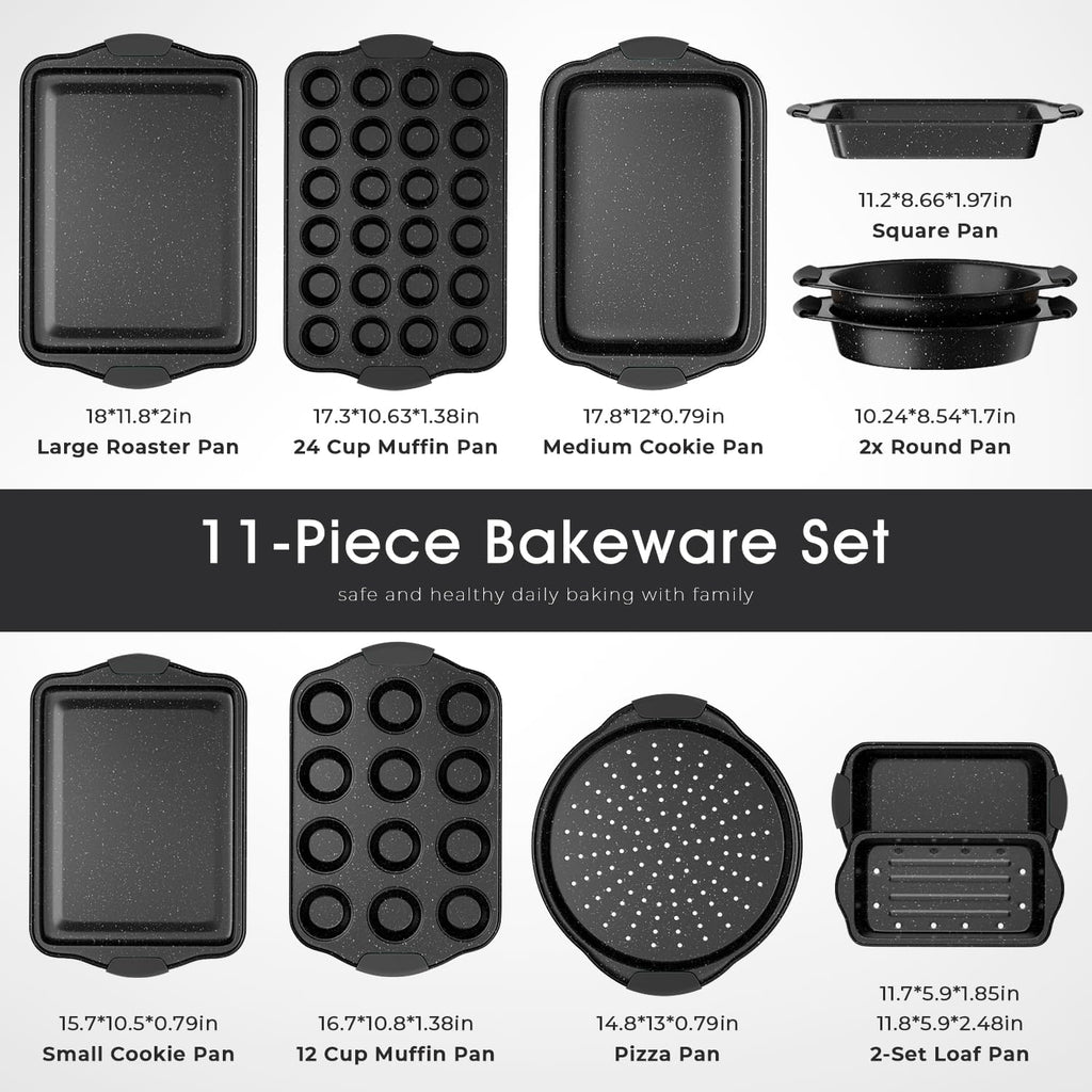 Skiennix 11-Piece Nonstick Baking Pan Set - Stackable Bakeware with Silicone Handles | Black