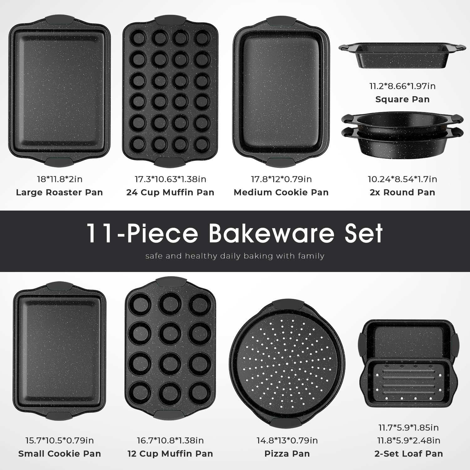 Skiennix 11-Piece Nonstick Baking Pan Set - Stackable Bakeware with Silicone Handles | Black