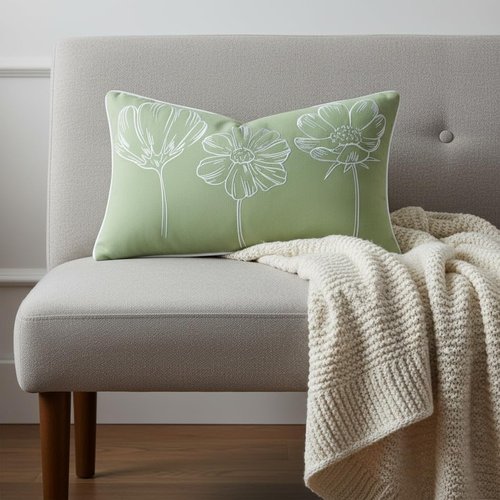 Sunkifover Decorative Floral Lumbar Pillow Cover 12x20 Inch Sage Green and White Cotton Embroidery Flower Throw Pillowcase Cushion Cover for Bed Bedroom, Living Room, Sofa