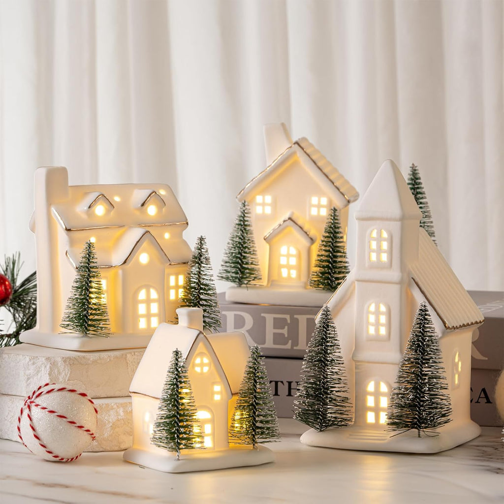 Skiennix Ceramic Christmas Village Set - 4 Pcs LED Porcelain Houses with Xmas Trees | White Snow Scene Decor