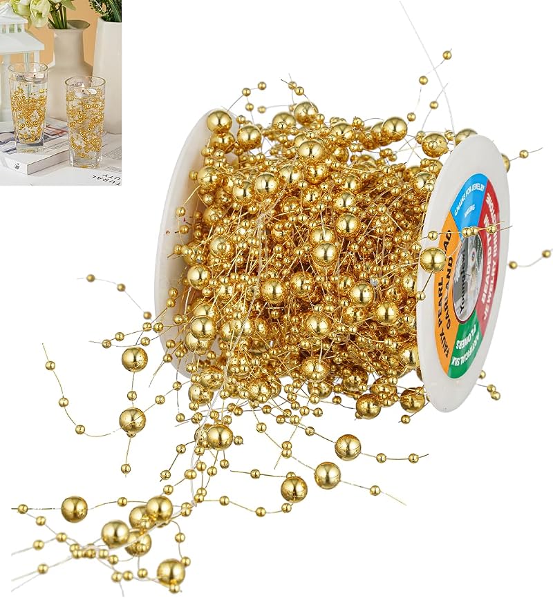 13ft Gold Pearl String Garland for Floating Candles, Vase Filler & Table Decor – Variation: Gold