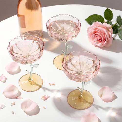 Yiyiring 24 Pcs Flower Detachable Martini Glasses, 7oz Plastic Cocktail Glasses, Flower Edge Wavy Mimosa Champagne Glass Coupe Unbreakable Glassware for Wine Wedding Valentine Party(Pink)
