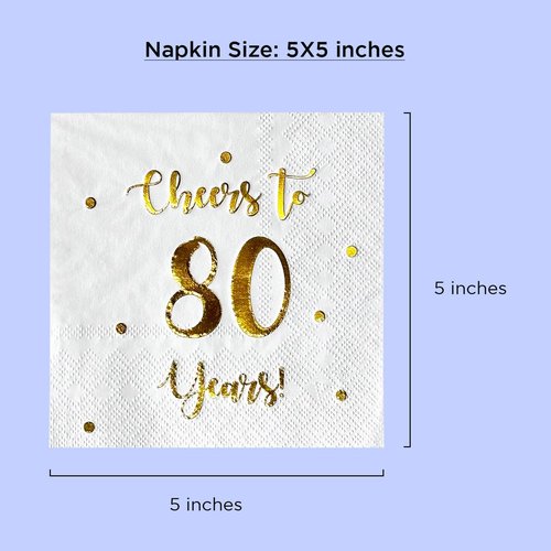 Cheers to 80 Years Cocktail Napkins - 50-Pack 3-Ply Napkins for 80th Birthday & Anniversary Celebrations | 5 x 5 Inch (White)