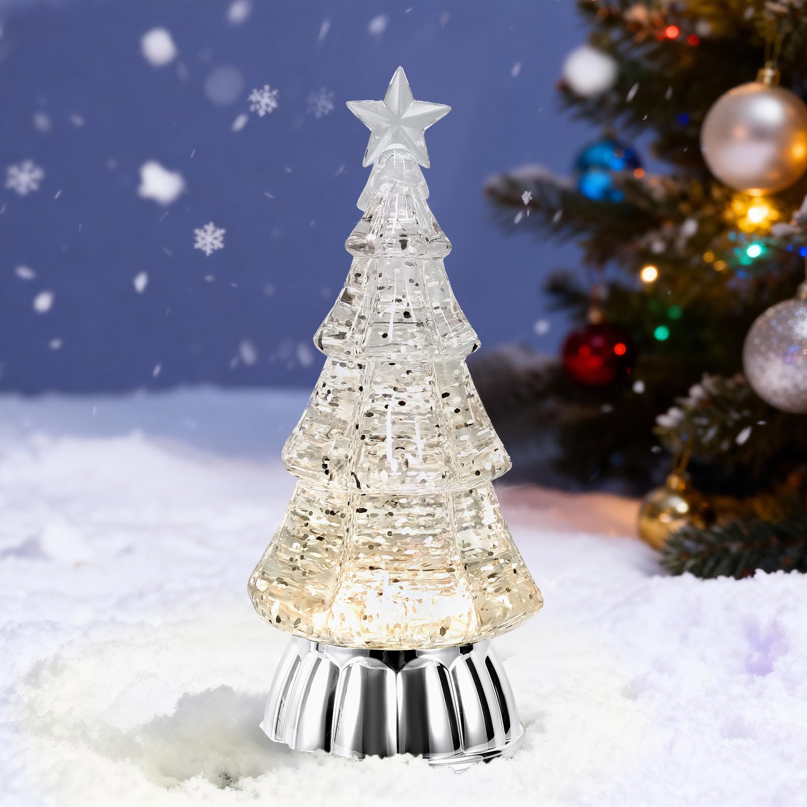 Christmas Tree Snow Globe Lantern with Warm Light 6H Timer Water Snow Globe Lantern USB & Battery Operated for Christmas Festival Decorations Gifts (Silver Tree)