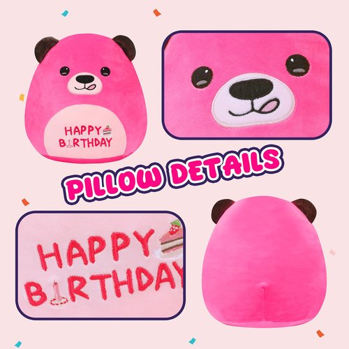 Mushymallow 12” Birthday Bear Plush Pillow Hot Pink Happy Birthday Pillow Soft Cute Bear Plush Toy Stuffed Animal Gifts for Kids