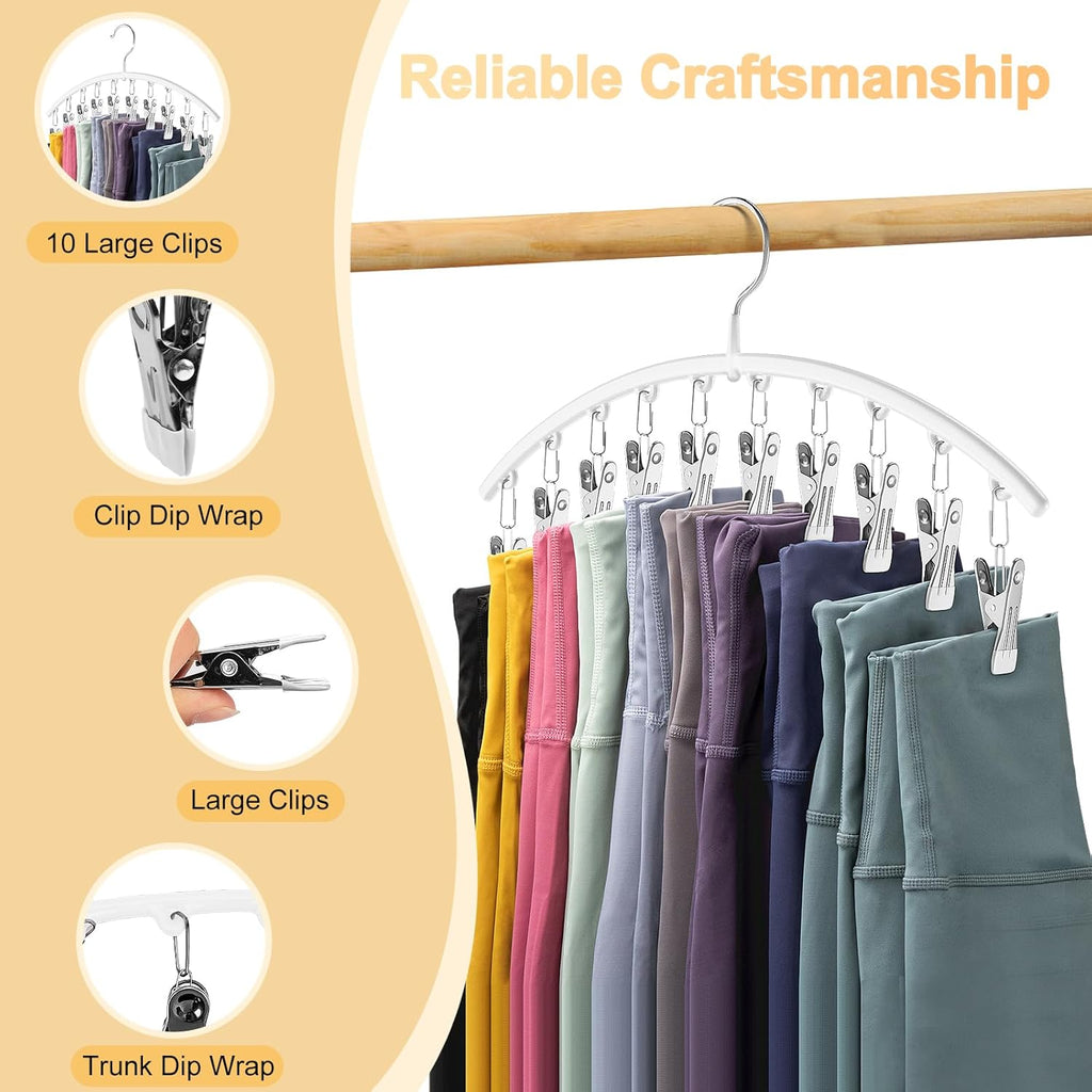 Skiennix Legging Organizer - Metal Yoga Pants Hanger with 10 Clips for Space-Saving Closet Storage | White