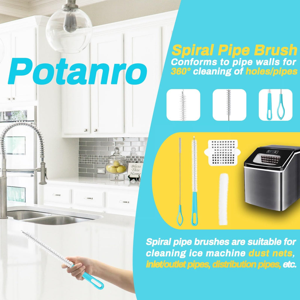 Potanro Ice Machine Cleaner Brush Sets, 14pcs Countertop Ice Maker Cleaner Tools, Gap Crevice Cleaning Brushes Tools Small Spaces, Scrub Sponge, Thin Brush for Cleaning Window Track, Straw, Bottle