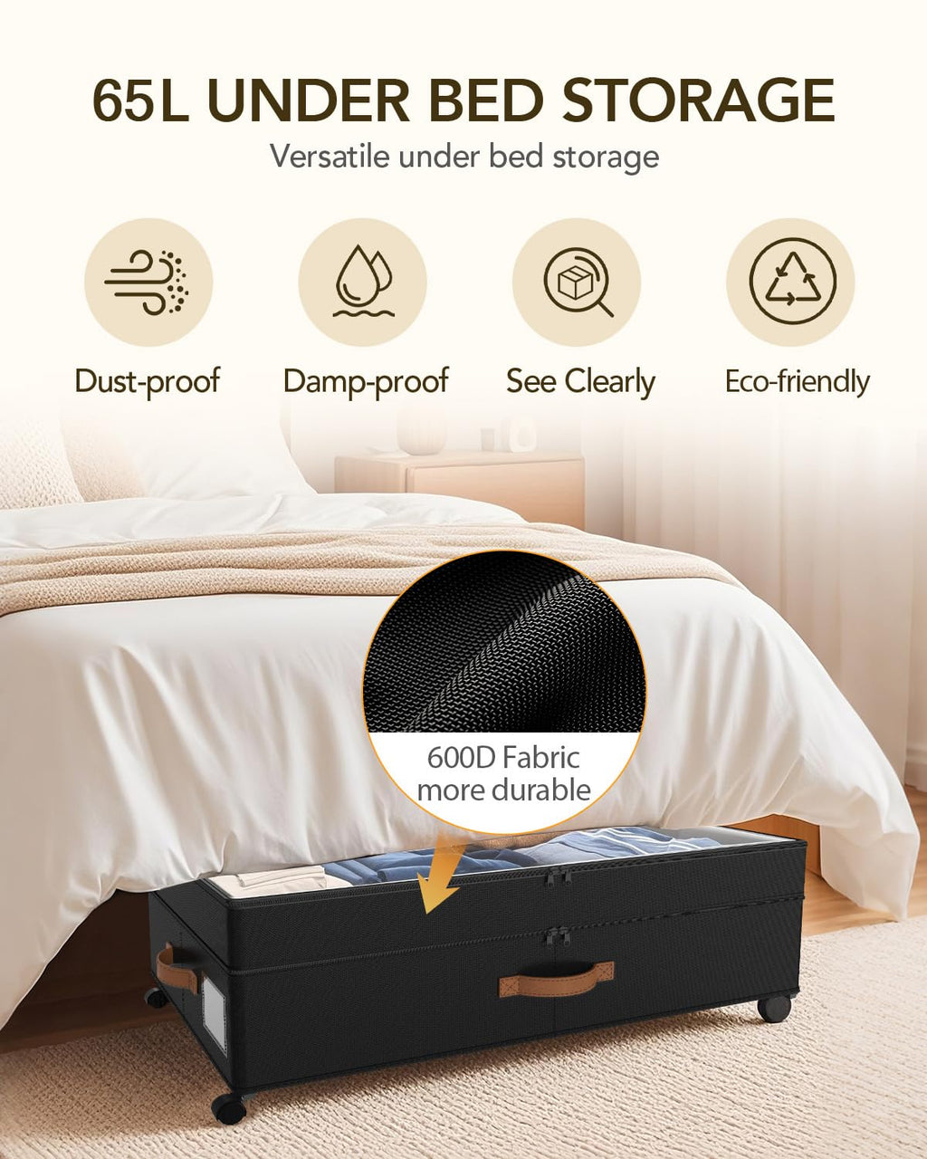 Megapuxin Under Bed Storage with Wheels, 10 inches Under Bed Storage Containers, 65L XXL Large Adjustable Underbed with Lids, Rolling Underbed Storage bins for Shoes, Clothes, Blankets, Black