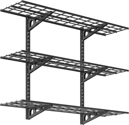 FLEXIMOUNTS 3-Tier Garage Storage Wall Shelving - Heavy Duty, Adjustable, 600lbs Capacity | Black, 12x48 Inch