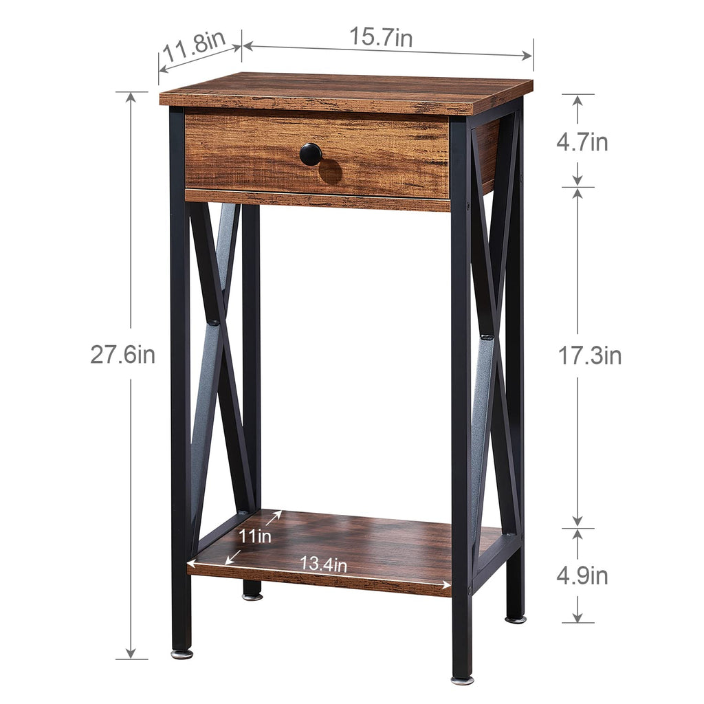 VECELO End Table 28 Inch Tall End Table Easy Assembly Side Table Nightstand Storage Shelf for Living Room Bedroom Kitchen Stable Wood and Metal Frame,Dark Brown