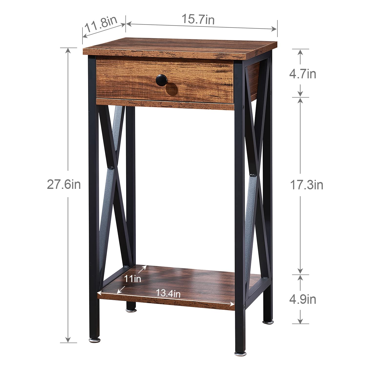 VECELO End Table 28 Inch Tall End Table Easy Assembly Side Table Nightstand Storage Shelf for Living Room Bedroom Kitchen Stable Wood and Metal Frame,Dark Brown