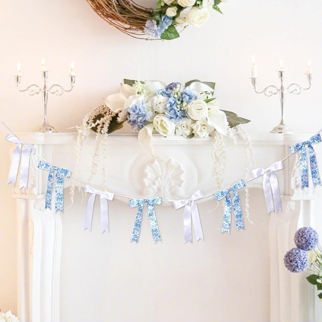 Skiennix Vintage Floral Bow Garland - 6.65 Ft Blue & White Satin Ribbon Banner for Weddings & Parties
