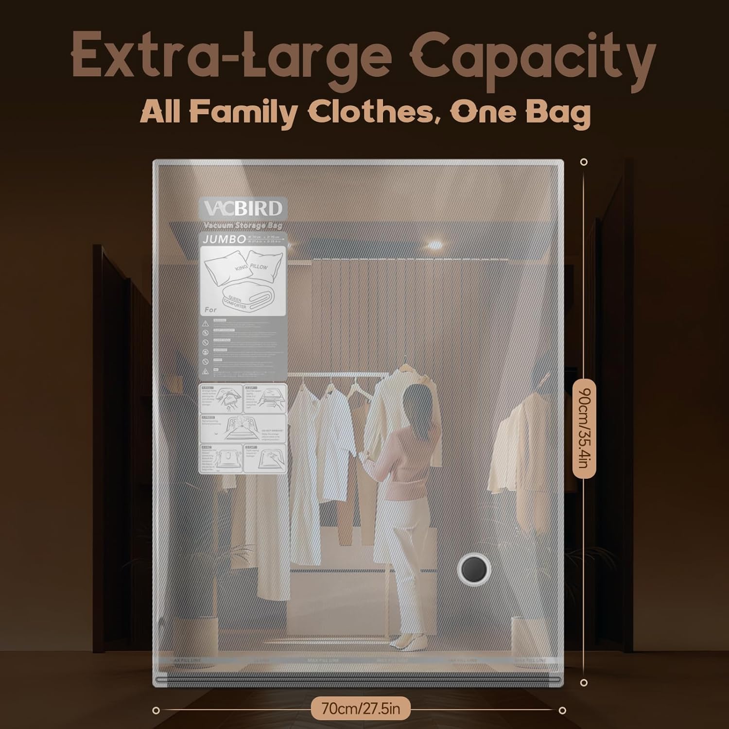 Vacbird Jumbo Vacuum Bags - 15 Pack for Clothes Storage | Space Saver for Luggage & Moving