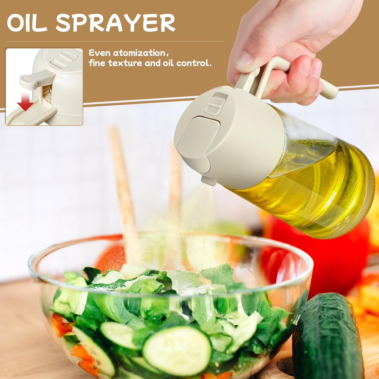 Skiennix Oil Sprayer | 2-in-1 Glass Oil Dispenser & Sprayer - 16oz for Cooking, Grilling & Salads (White)