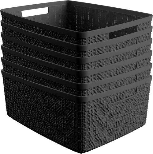 Curver Decorative Storage Baskets Set of 6 | Medium 12L Jute Bins for Home, Office & Kitchen - Black