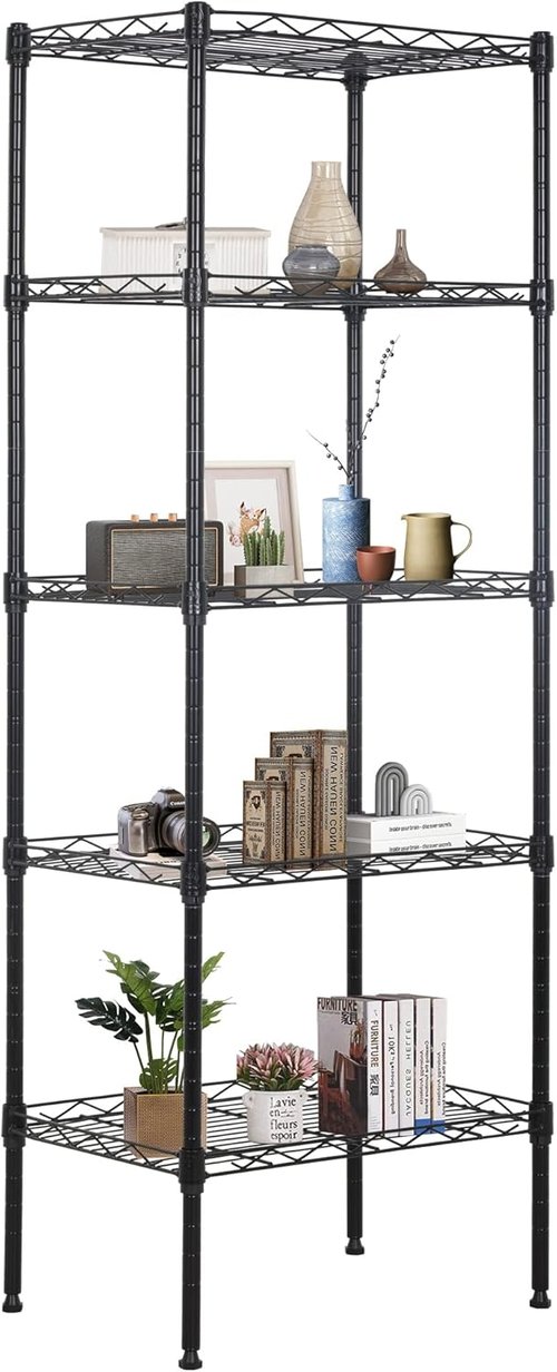 FDW Wire Shelving Unit - 5-Tier Adjustable Metal Storage Rack for Kitchen & Garage | 17"L x 12"W x 48"H, Black