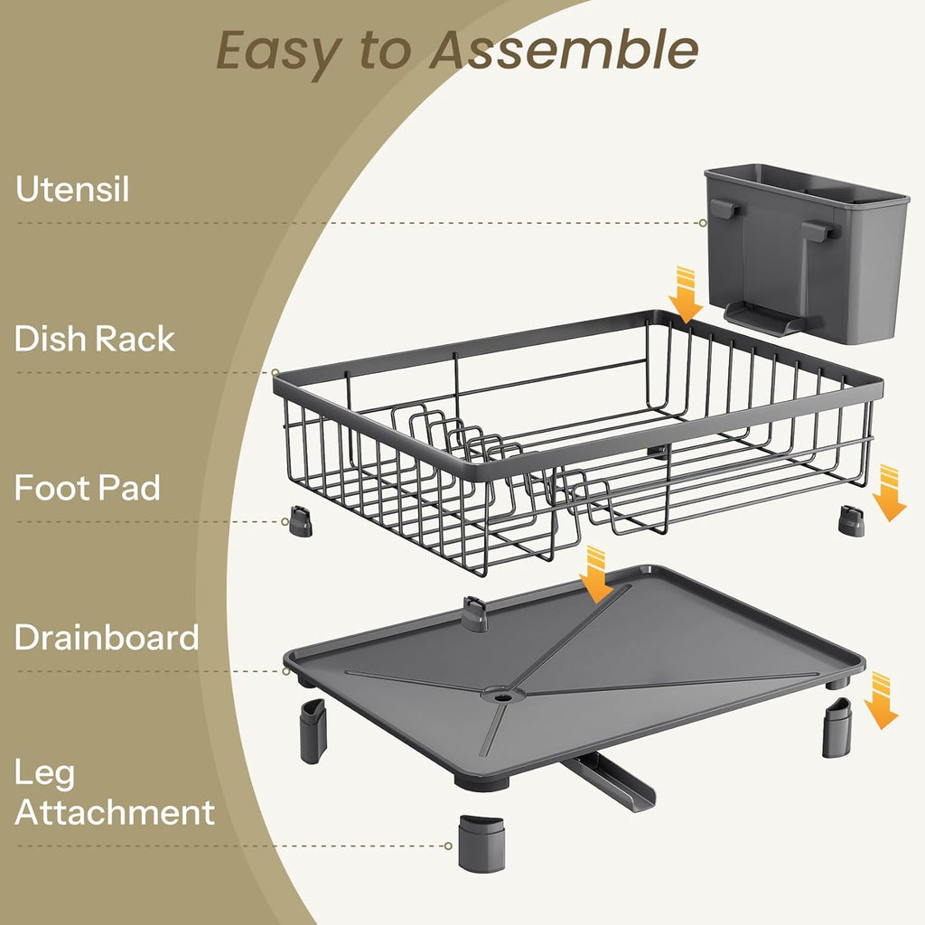 SNTD Dish Drying Rack - Stainless Steel Kitchen Counter Drainer with Utensil Holder | 11" W x 15" L (Grey)