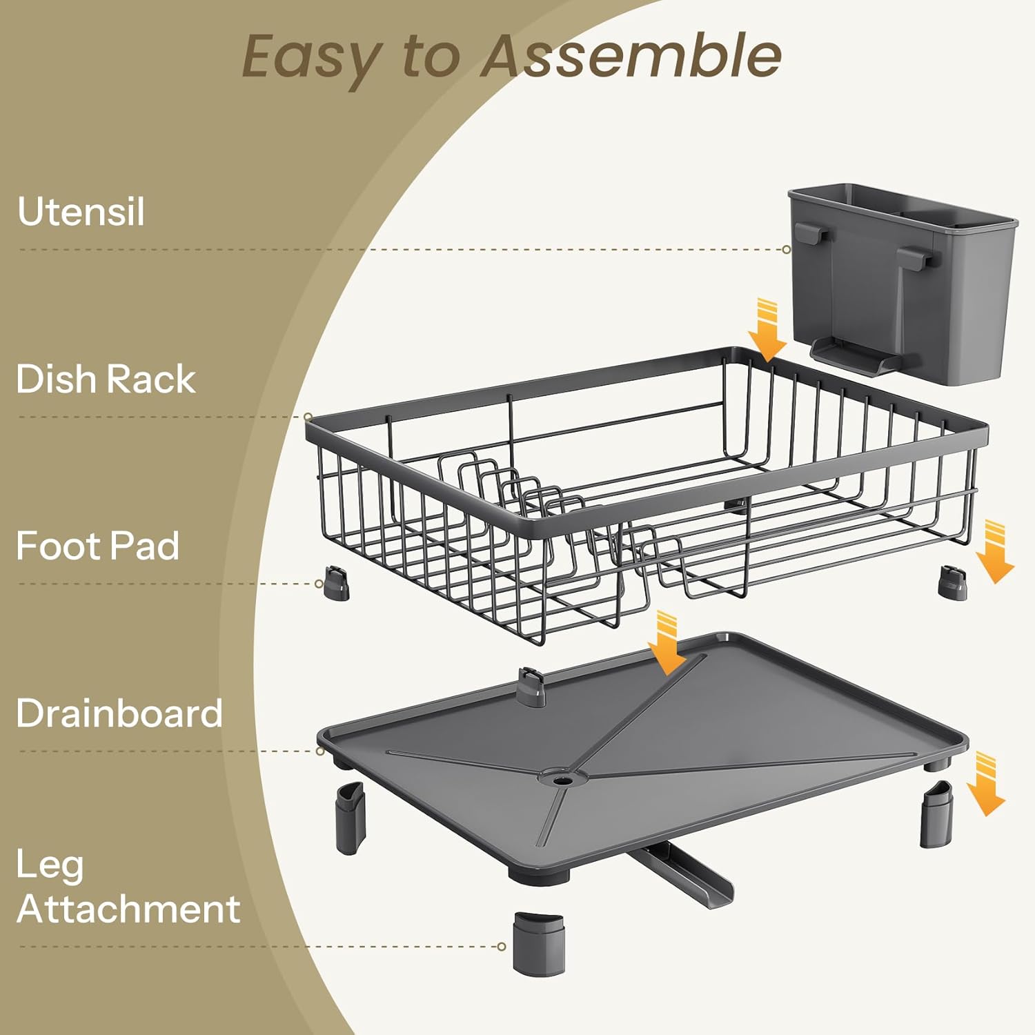 SNTD Dish Drying Rack - Stainless Steel Kitchen Counter Drainer with Utensil Holder | 11" W x 15" L (Grey)