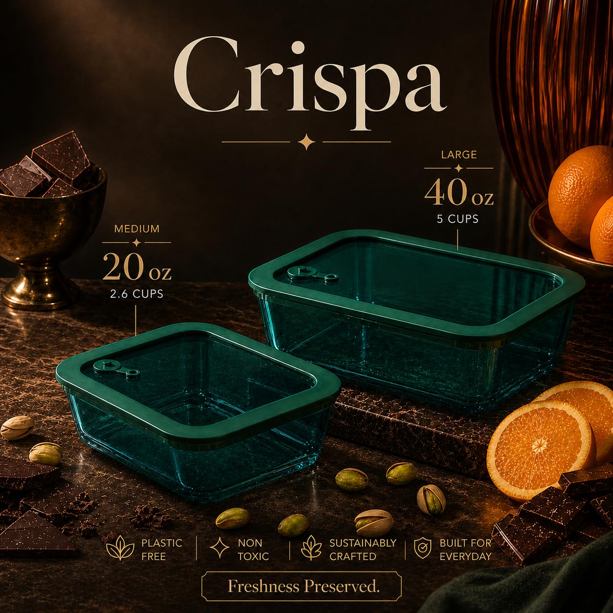 Crispa 8-Piece Teal Glass Food Storage Containers with Silicone Framed Glass Lids – 100% Plastic-Free Lunch Box Meal Prep Set (2x 40oz, 2x 20oz) – Leakproof Airtight Borosilicate for Freezer to Oven