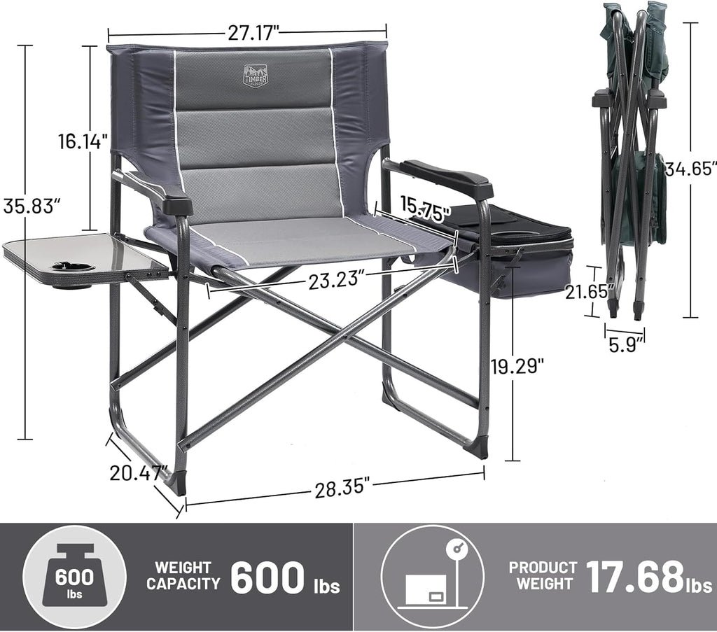 Timber Ridge XXL Oversized Directors Chair - Heavy Duty 600lbs Camping Chair with Cooler Bag & Table - Grey