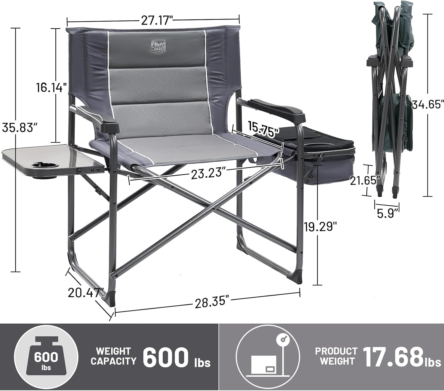 Timber Ridge XXL Oversized Directors Chair - Heavy Duty 600lbs Camping Chair with Cooler Bag & Table - Grey