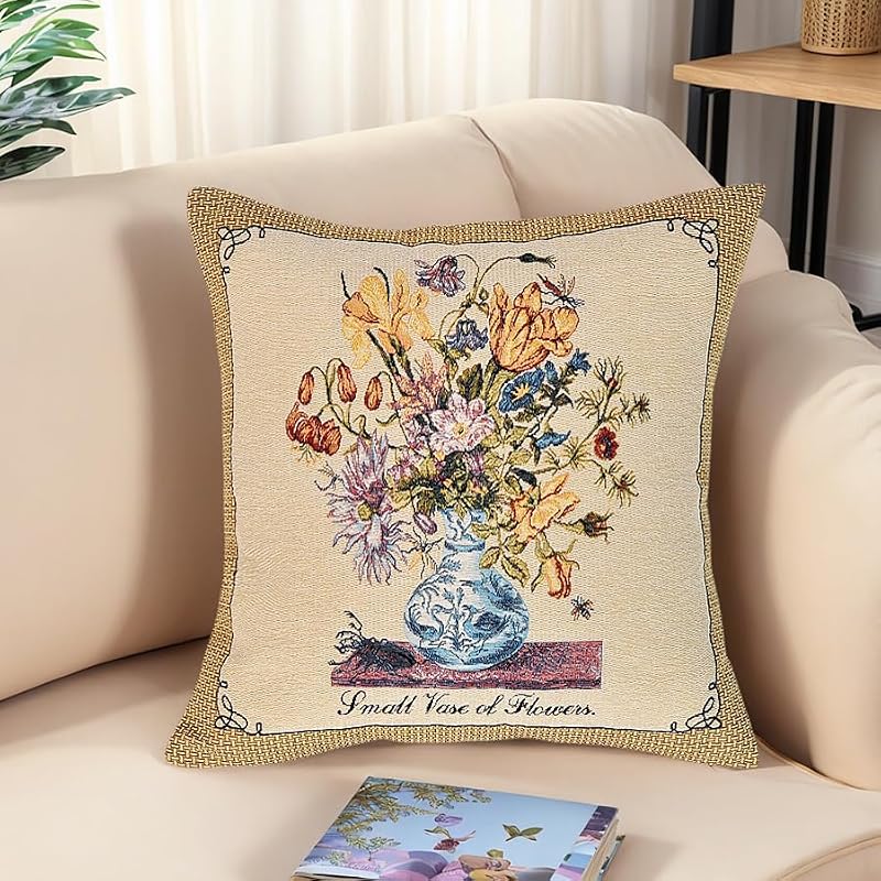 Jacquard Woven Floral Pillow Cover 18x18 | Vintage Tapestry Cushion for Sofa & Bed
